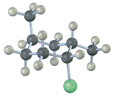 Ball and stick model of substituted cyclohexane. C1 is bonded to green sphere. Black and gray spheres represent carbon and hydrogen, respectively.