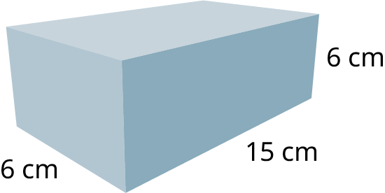 A rectangular prism with its length, width, and height marked 15 centimeters, 6 centimeters, and 6 centimeters.