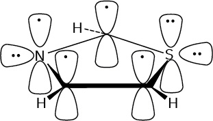 Orbital diagram of thiazole involving nitrogen, sulfur, and three hydrogens, all s p 2 hybridized. N and S carry lone pairs of electrons; six total electrons in the pi system.