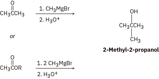Acetone reacts first with methylmagnesium bromide, then hydronium, to produce 2-methyl-2-propanol. C H 3 C O R reacts first with 2 equivalents methylmagnesium bromide, then hydronium, to produce same product.
