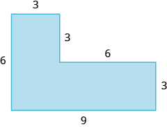 A geometric shape is shown. It is a vertical rectangle attached to a horizontal rectangle. The width of the vertical rectangle is 3, the left side is labeled 6, the bottom is labeled 9, and the width of the horizontal rectangle is labeled 3. The top of the horizontal rectangle is labeled 6, and the distance from the top of that rectangle to the top of the other rectangle is labeled 3.