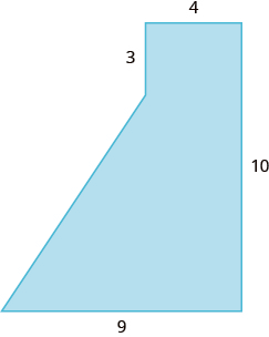 A geometric shape is shown. It is a rectangle with a triangle attached to the bottom left side. The top is labeled 4. The right side is labeled 10. The base is labeled 9. The vertical line from the top of the triangle to the top of the rectangle is labeled 3.