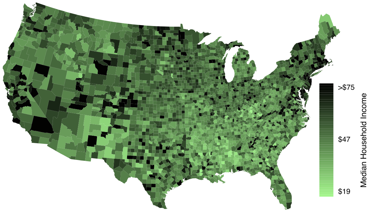An intensity map of the United States is shown for median household income, where each county is colored a shade representing a value between below $19,000 and over $75,000. The shading appears quite random in any particular region. However, some metro areas in California and near New York City and Boston appear to have higher median household incomes. The Mississippi Delta leading down into Louisiana and Mississippi show evidently lower median household income values.