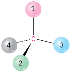 A central carbon is single bonded to substituents 1 and 3, wedge bonded to 2, and dash bonded to 4 (clockwise).