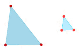 This image shows two triangles. The large triangle is labeled A B C. The length from A to B is labeled 8. The length from B to C is labeled 7. The length from C to A is labeled b. The smaller triangle is triangle x y z. The length from x to y is labeled 2 and two-thirds. The length from y to z is labeled x. The length from x to z is labeled 3.