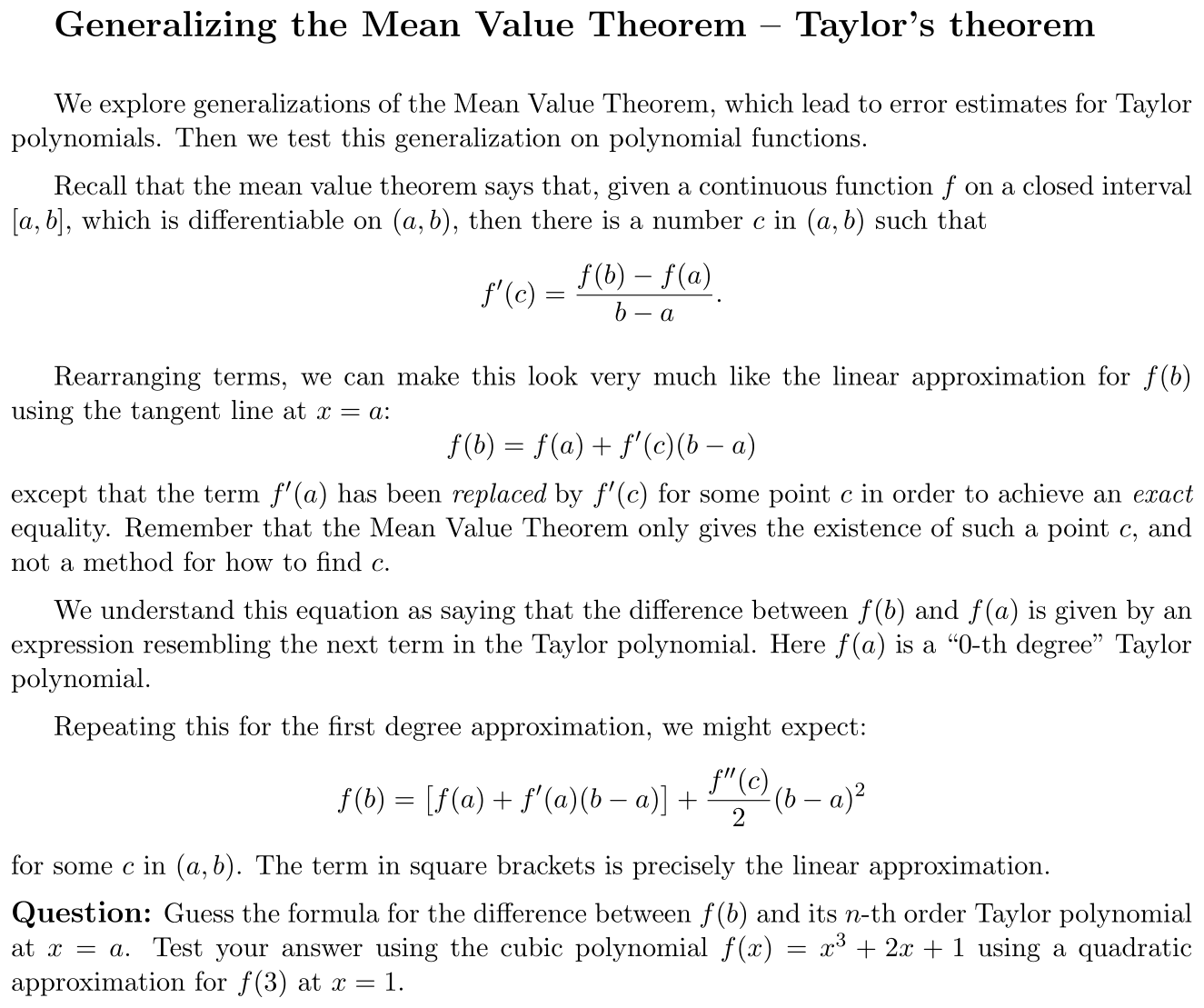 Problem Generalizing the Mean Value Theorem – Taylor’s theorem