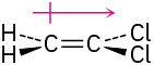 The chemical structure of 1,2 - dichloroethene where the direction of the resulting dipole moment points from carbon toward chlorine.