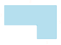 A geometric shape is shown, formed by two rectangles. The top is labeled 8. The width of the top rectangle is labeled 3. The right side of the figure is labeled 5. The width of the bottom rectangle is labeled 3.
