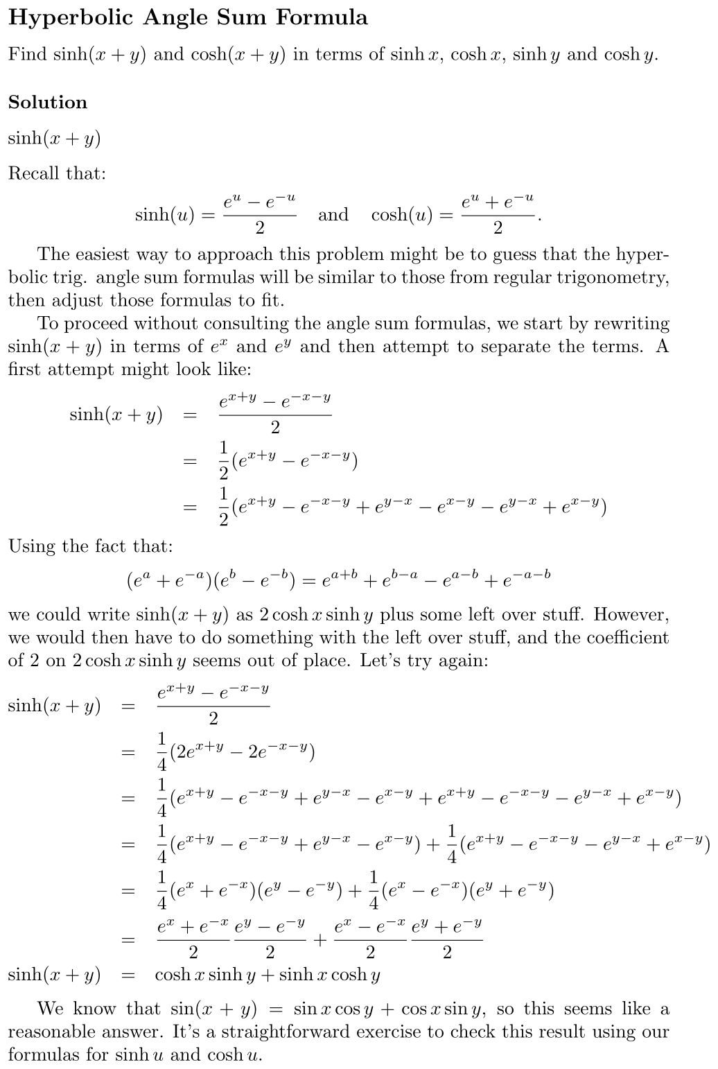 Answer Hyperbolic Angle Sum Formula