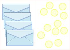This image has two columns. In the first column are four envelopes. In the second column there are 12 blue circles.