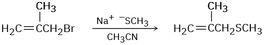 3-bromo-2-methylpropene reacts with sodium methanethiolate and acetonitrile. Bromine in the reactant is replaced by S C H 3 group in the product.