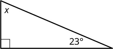A right triangle with its interior angles marked x, 90 degrees, and 23 degrees.