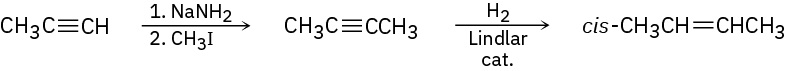 The figure shows propyne reacting with sodium amide and methyl iodide to form but-2-yne. Further, it reacts with hydrogen and Lindlar catalyst to form cis-2-butene.