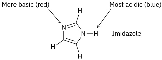 The structure of imidazole shows N1 labeled more basic (red) and the hydrogen bonded to N3 labeled most acidic (blue).