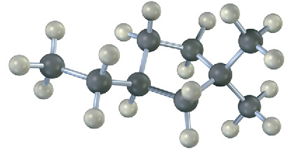 A ball and stick model has a 5-carbon ring with C1 bonded to ethyl and C3 bonded to two methyl groups. Black and gray spheres represent carbon and hydrogen, respectively.