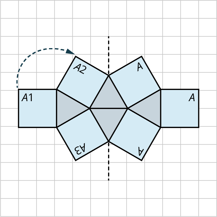 A tessellation pattern is made up of six squares and four equilateral triangles. The sides of each square measure 2 units. The sides of each equilateral triangle measure 2 units. The square A 1 is rotated 30 degrees to the right to form a new square A 2. The new square is reflected horizontally to form a new square A 3. These 3 squares are reflected vertically along a dashed line. The spaces in between the squares resemble triangles.