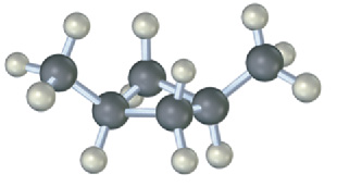 The ball and stick model of cis 1,3-dimethylcyclobutane. C1 is bonded to methyl at the top right. C3 is bonded to another methyl on the left.