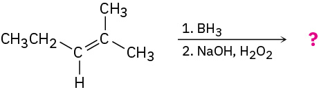 2-methyl-pent-2-ene reacts with borane, then sodium hydroxide and hydrogen peroxide to form an unknown product represented by a question mark.