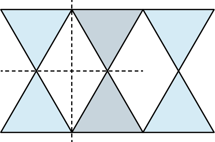 A figure made up of six triangles. The first two and last two triangles are red. The remaining two triangles are lavender. The triangles are arranged in two rows. The triangles in the top row are inverted.