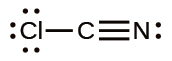 A Lewis structure shows a carbon atom that is triple bonded to a nitrogen atom that has one lone pair of electrons. The carbon is also single bonded to a chlorine atom that has three lone pairs of electrons.