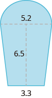 A blue geometric shape is shown. It appears to be two trapezoids with a semicircle at the top. The base of the semicircle is labeled 5.2. The height of the trapezoids is labeled 6.5. The combined base of the trapezoids is labeled 3.3.