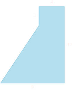 A geometric shape is shown. It is a rectangle with a triangle attached to the bottom left side. The top is labeled 4. The right side is labeled 10. The base is labeled 9. The vertical line from the top of the triangle to the top of the rectangle is labeled 3.