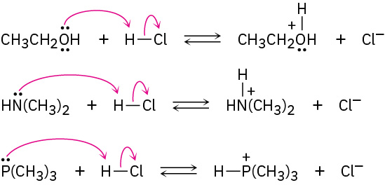 Three reversible reactions show ethanol, dimethylamine, and trimethylphosphine each reacting with hydrogen chloride to form protonated products.