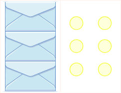 Three light blue envelopes are stacked vertically on the left side of a white background, while six light yellow circular tokens are arranged in two columns of three on the right.