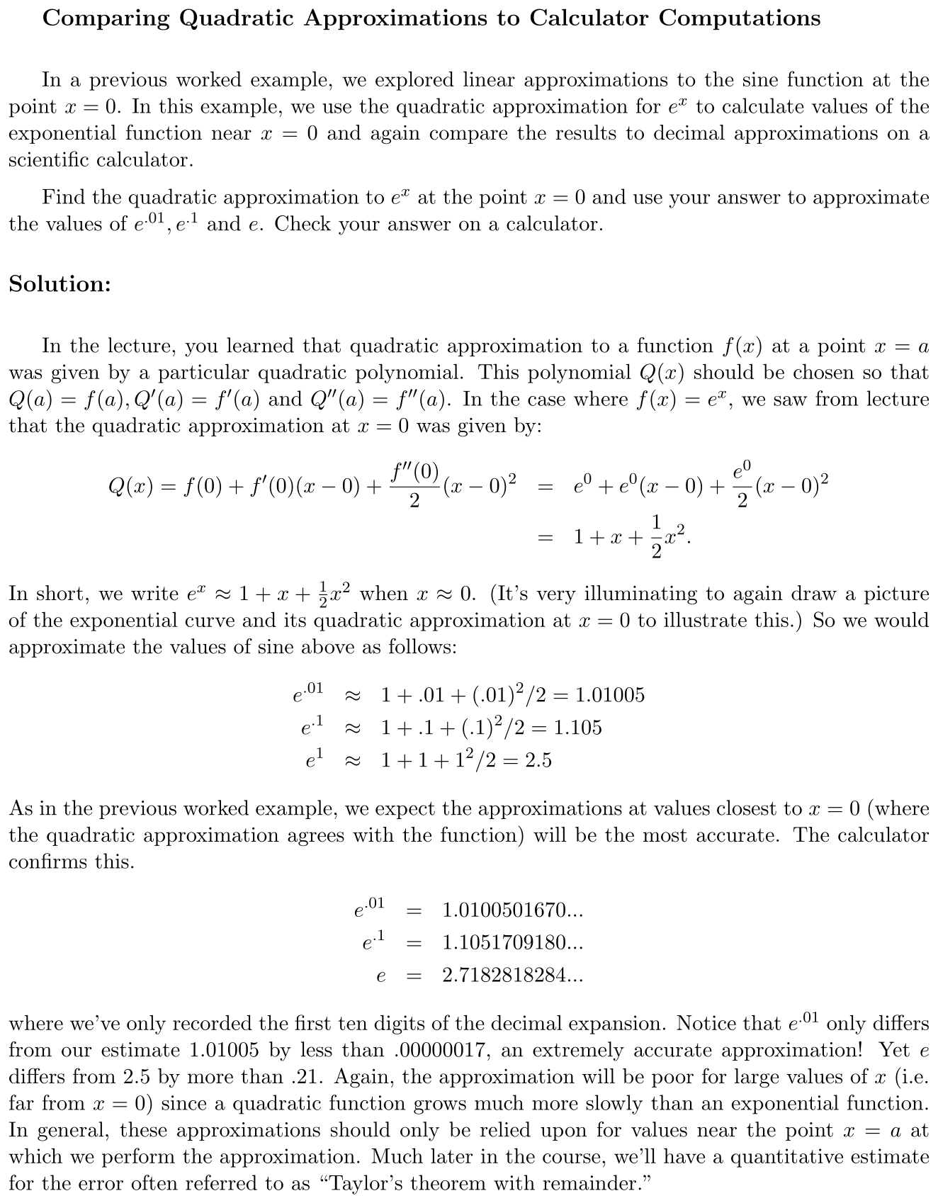 Answer Comparing Quadratic Approximations to Calculator Computations