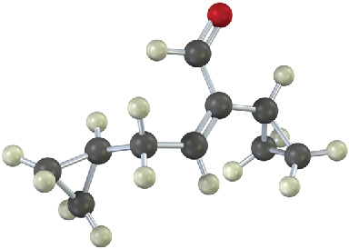 Ball-and-stick model of Z-2,4-dicyclopropyl-2-butenal.