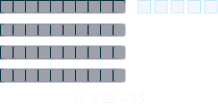 An image illustrating the addition 16 + 29 = 45 using base-ten blocks. Four rows of ten blocks represent 40, and five individual blocks represent 5, totaling 45. The sum is written below the blocks.