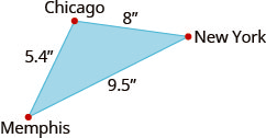 The figure is a triangle formed by Memphis, Chicago, and New York. The distance between Memphis and Chicago is 5.4 inches. The distance between Chicago and New York is 8 inches. The distance between New York and Memphis is 9.5 inches.