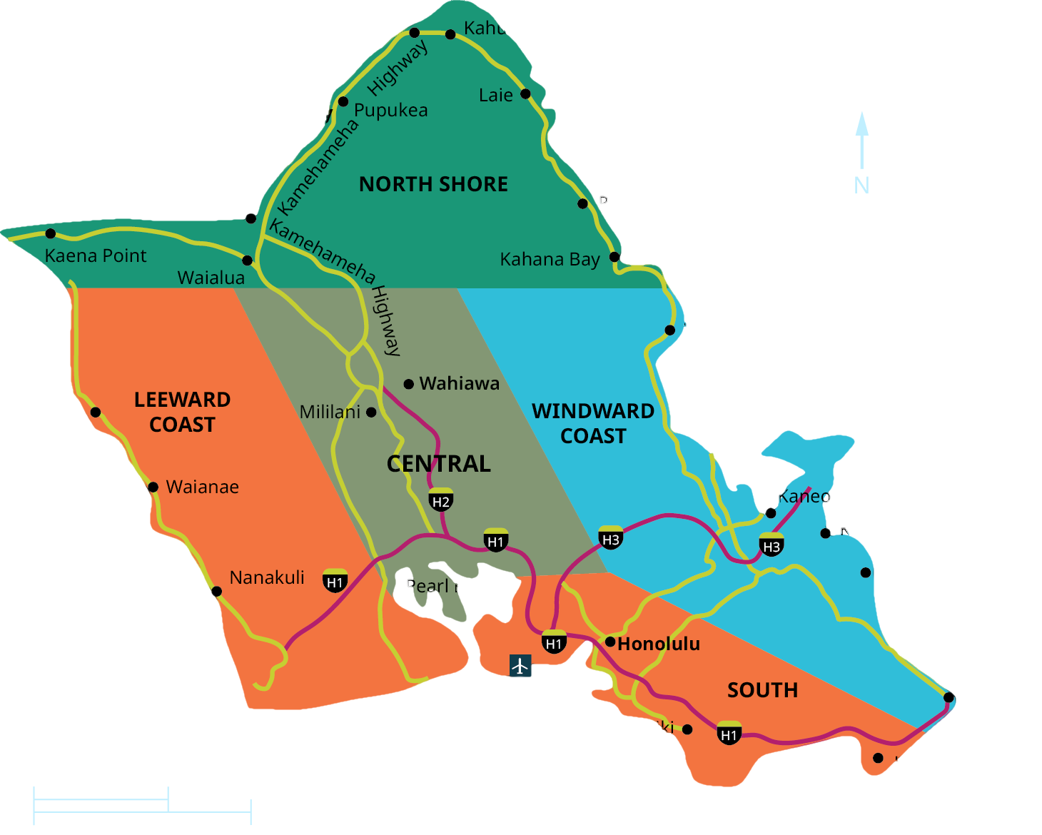 A map shows the regions of Oahu. The regions are North Shore, Leeward Coast, Central, Windward Coast, and South.