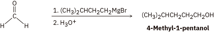 Formaldehyde reacts first with isopentylmagnesium bromide, then hydronium, to make 4-methyl-1-pentanol.