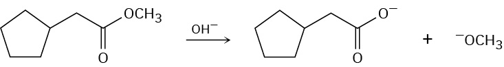 Methyl-2-cyclopentylacetate reacts with hydroxide ions. The product is not shown. The carboxylate analog of methyl-2-cyclopentylacetate reacts with methoxide ions and again the product is not shown.