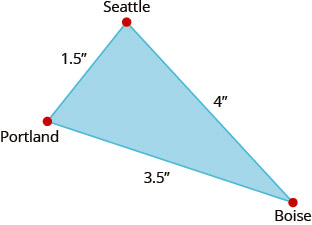 The above image is a triangle with one side labeled “Seattle, 4.5 inches”. The other side is labeled “Portland 3.5 inches”. The third side is labeled 1.5 inches. The vertex is labeled “Boise.”