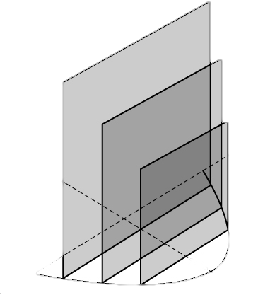 This figure shows the x-axis and the y-axis in 3-dimensional perspective. On the graph above the x-axis is a parabola, which has its vertex at y=1 and x-intercepts at (-1,0) and (1,0). There are 3 square shaded regions perpendicular to the x y plane, which touch the parabola on either side, decreasing in size away from the origin.