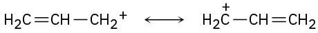 Two different resonance forms of allyl cation separated by one double-headed arrow.