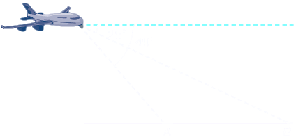 Diagram of a plane flying over a highway. It is to the left and above points A and B on the ground in that order. There is a horizontal line going through the plan parallel to the ground. The angle formed by the horizontal line, the plane, and the line from the plane to point B is 25 degrees. The angle formed by the horizontal line, the plane, and point A is 49 degrees.