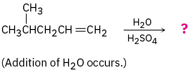 4-methyl-1-pentene reacts with water and sulfuric acid to form an unknown product(s), depicted by a question mark. Text says addition of H 2 O occurs.