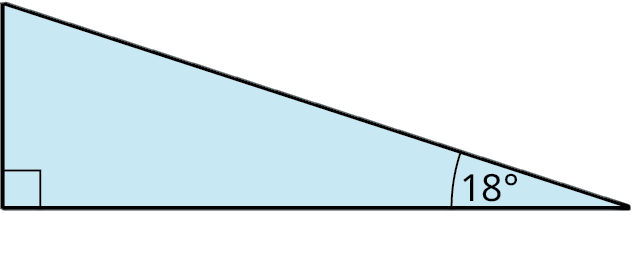 A right triangle. The legs are labeled unknown and x. The hypotenuse is labeled 15 meters. The angles at the bottom-left and bottom-right are 90 degrees and 18 degrees.