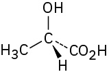 A central carbon is single bonded to a methyl and a hydroxyl group, dash bonded to a carboxylic acid group, and wedge bonded to a hydrogen atom (clockwise).