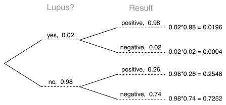 A tree diagram with a primary branch ”Lupus” and a secondary branch ”Result” for the test of Lupus. The primary ”Lupus” branching has two possibilities of ”Yes” with probability 0.02 and ”No” with probability 0.98. Each of these branches has two secondary branches. The ”Yes” primary branch breaks into branches for ”Yes” (for Result) that has a conditional probability of 0.98 with a Yes-and-Yes final probability of 0.0196, and a ”No” secondary branch with a conditional probability of 0.02 with a Yes-and-No final probability of 0.0004. The ”No” primary branch from ”Lupus” has a secondary branch of ”Yes” that has a conditional probability of 0.26 with a No-and-Yes final probability of 0.2548, and a ”No” secondary branch with a conditional probability of 0.74 with a No-and-No final probability of 0.7252.