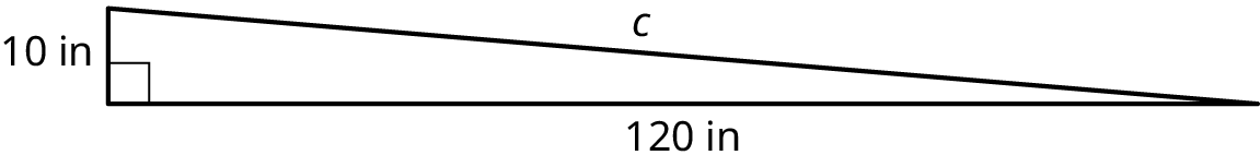 A right triangle with its legs marked 10 inches and 120 inches. The hypotenuse is marked c.