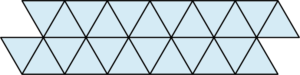 A tessellation pattern is made up of two rows of equilateral triangles. Each row has 6 triangles and 6 inverted triangles.