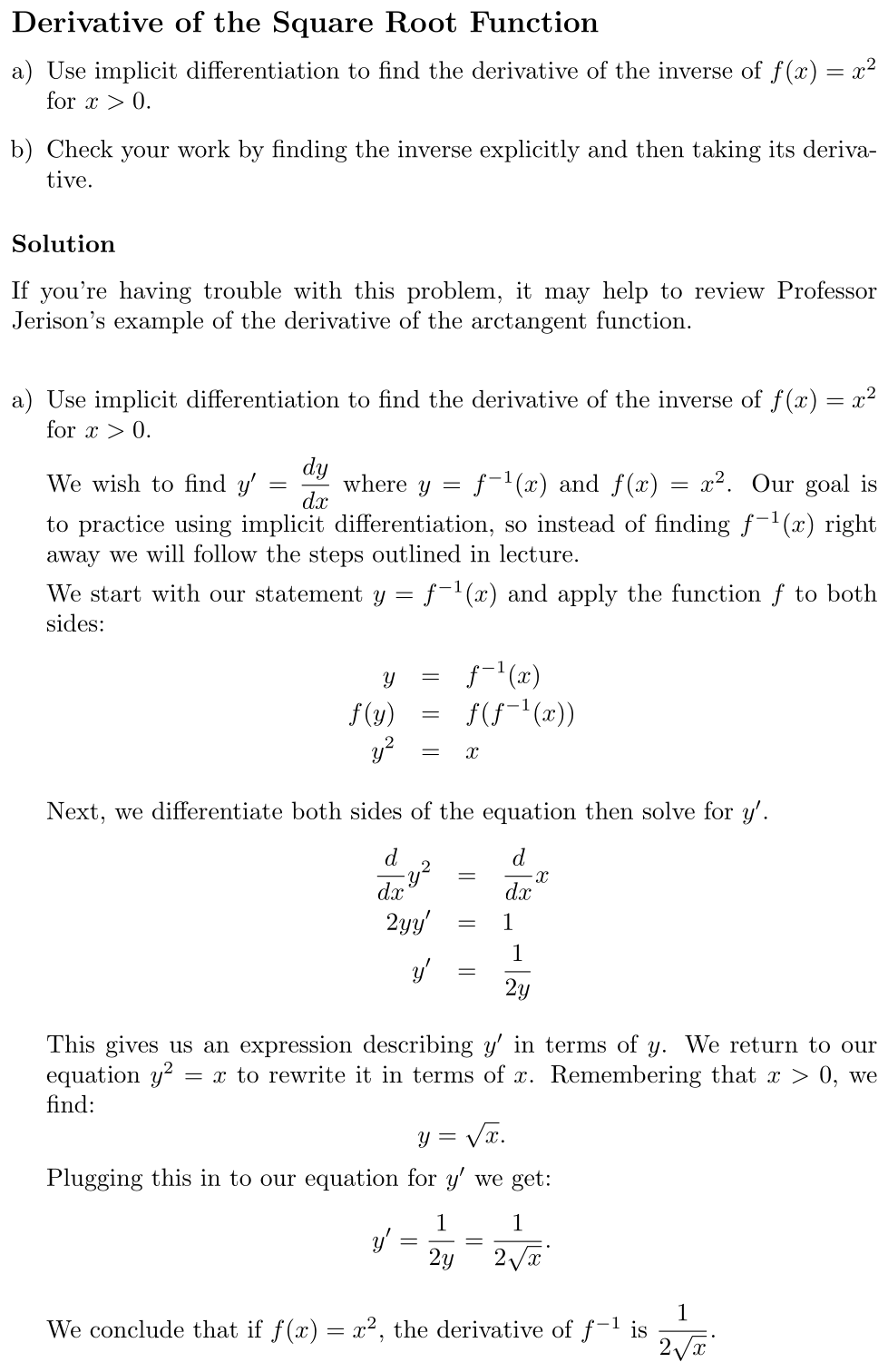 Answer Derivative of the Square Root Function