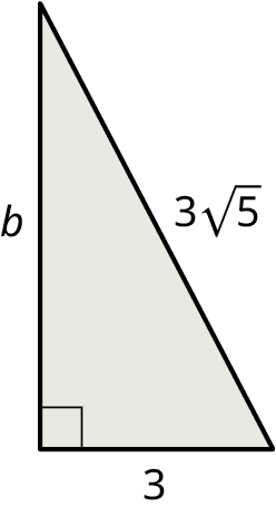 A right triangle. The legs are labeled b and 3. The hypotenuse is labeled 3 times square root of 5.