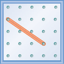 The figure shows a grid of evenly spaced pegs. There are 5 columns and 5 rows of pegs. A rubber band is stretched between the peg in column 1, row 2 and the peg in column 4, row 4, forming a line.