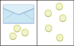 This image is divided into two parts: the first part shows an envelope and 3 blue counters and the next to it, the second part shows five counters.