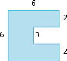 A geometric shape is shown. It is a sideways U-shape. The top is labeled 6, the left side is labeled 6. An inside horizontal piece is labeled 3. Each of the vertical pieces on the right are labeled 2.